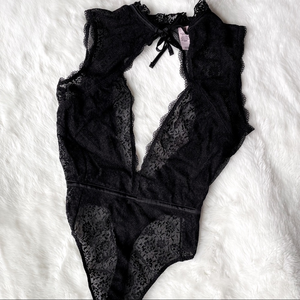 Victoria’s Secret Black Tie-Neck Lace Teddy